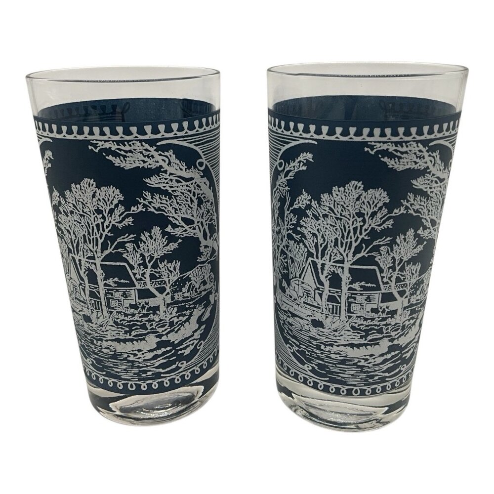 Currier & Ives "Old Farm Gate"  Blue and White Matte Small Drinking Glasses Vtg